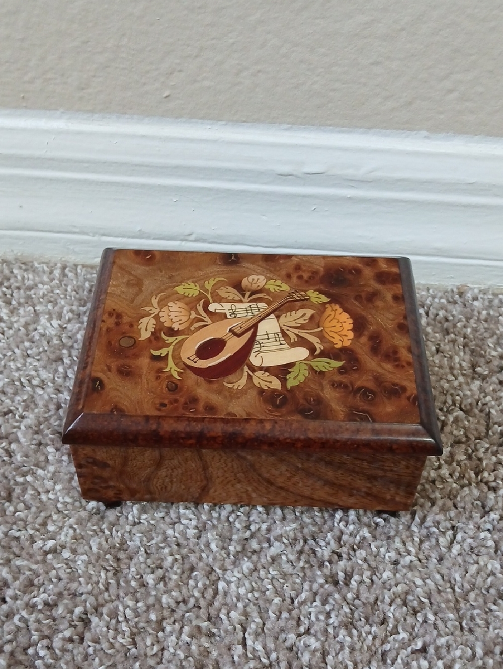 Hand Crafted Mahogany Wood Inlay Music Box with Mandolin Motif | Brown